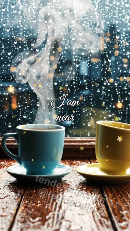 I am near: two cups meet by a rainy window