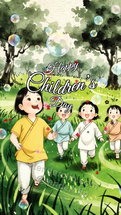 Happy Children’s Day: children chase soap bubbles