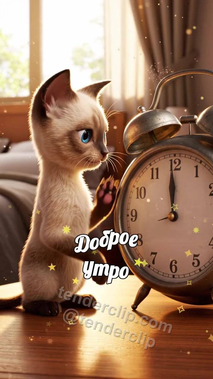 Доброе утро: котёнок будит будильник