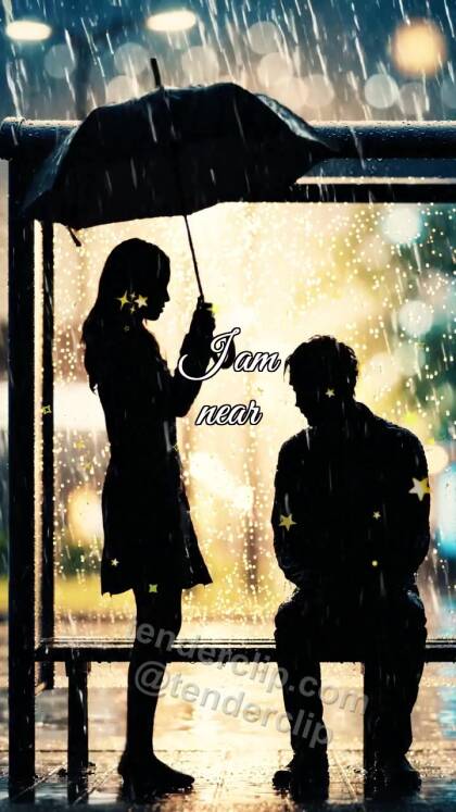 I am near: woman shields a man from rain