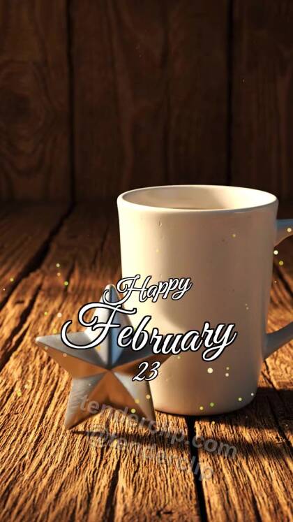 Happy February 23: tin star rests beside a mug
