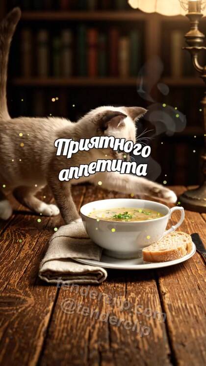 Приятного аппетита: котёнок ставит хлеб к тарелке