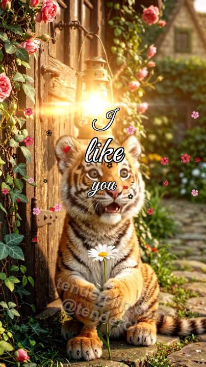 I like you: tiger cub gets shy with a lantern