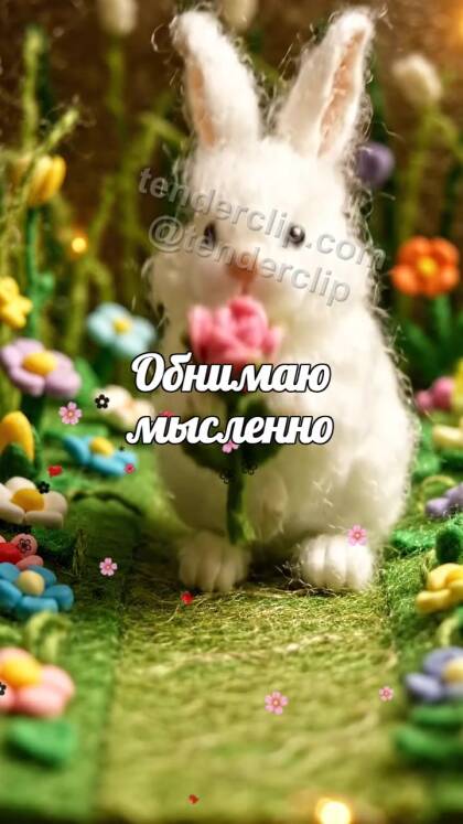 Обнимаю мысленно: зайчик протягивает цветок