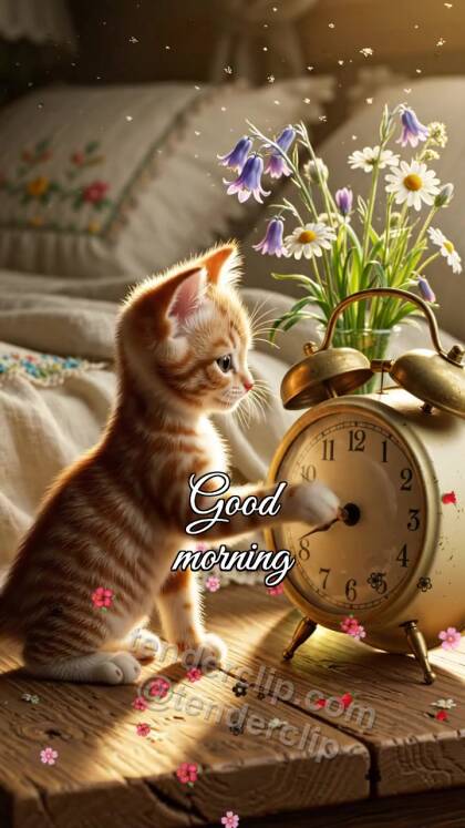 Good morning: a kitten wakes the alarm clock