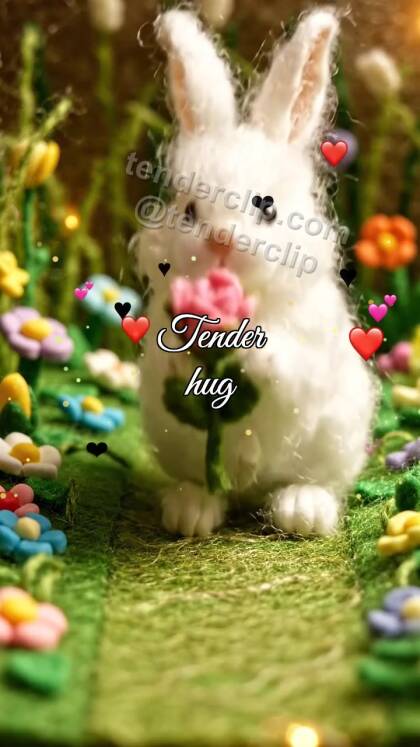 Tender hug: bunny offers a flower