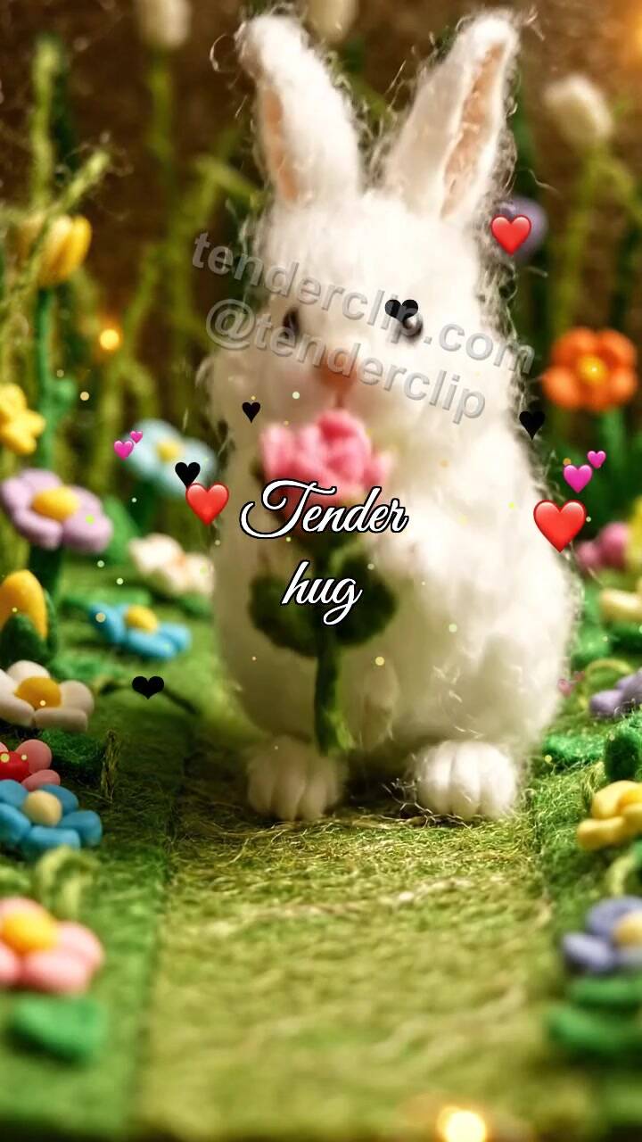 Tender hug: bunny offers a flower