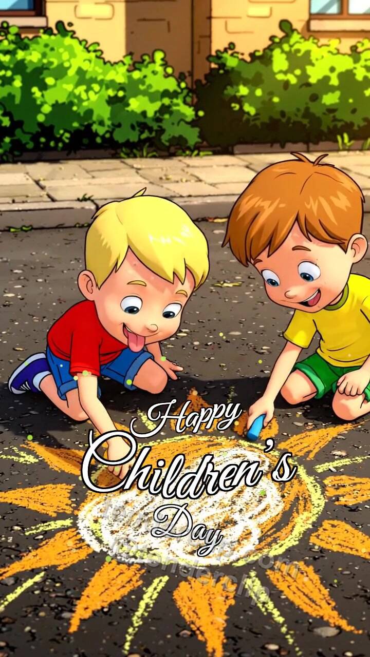 Happy Children’s Day: children draw a sun with chalk