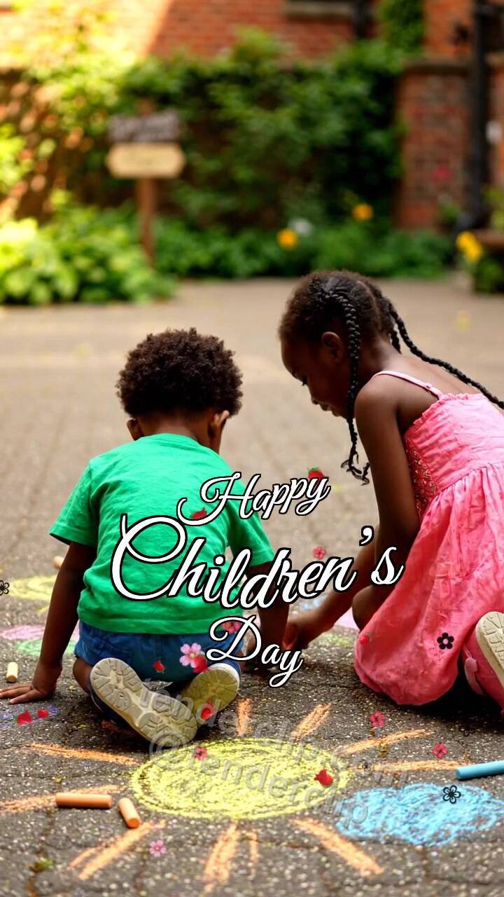 Happy Children’s Day: children draw a chalk sun