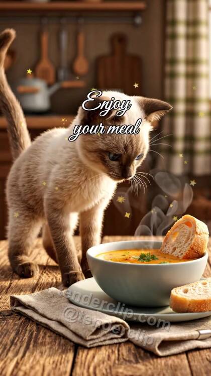 Enjoy your meal: kitten places bread near plate