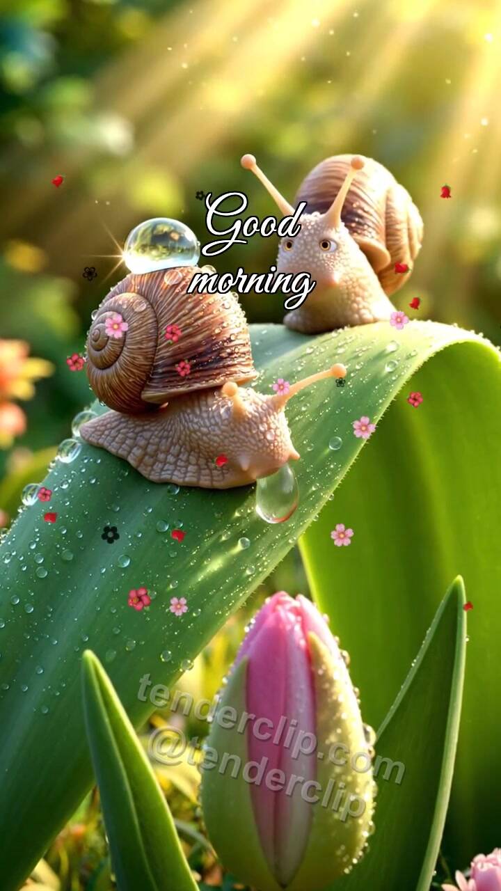 Good morning: snail carries dew to a flower