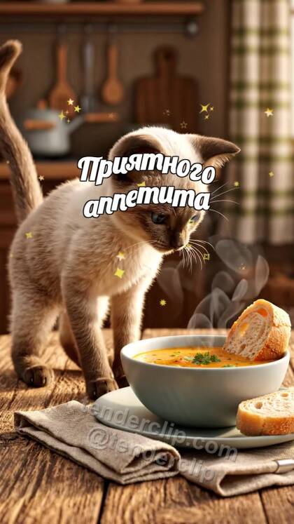 Приятного аппетита: котёнок ставит хлеб к тарелке