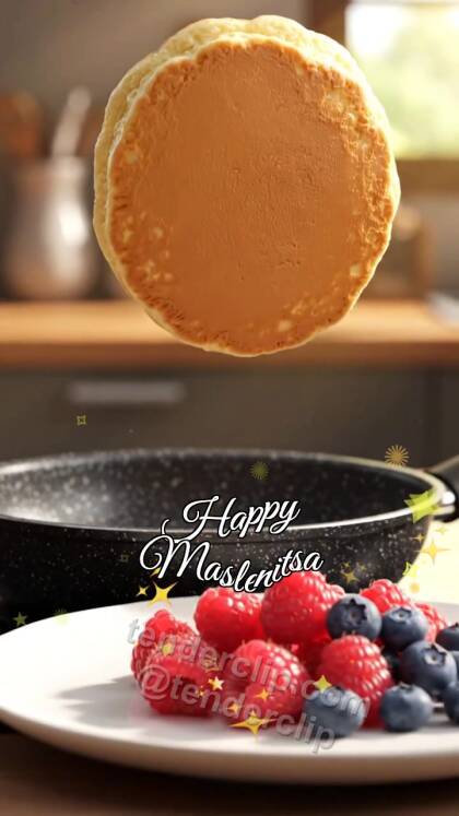 Happy Maslenitsa: pancake flips onto a plate