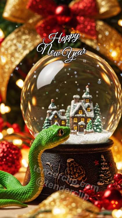 Happy New Year: a cute little green snake with expressive eyes wakes a snow globe