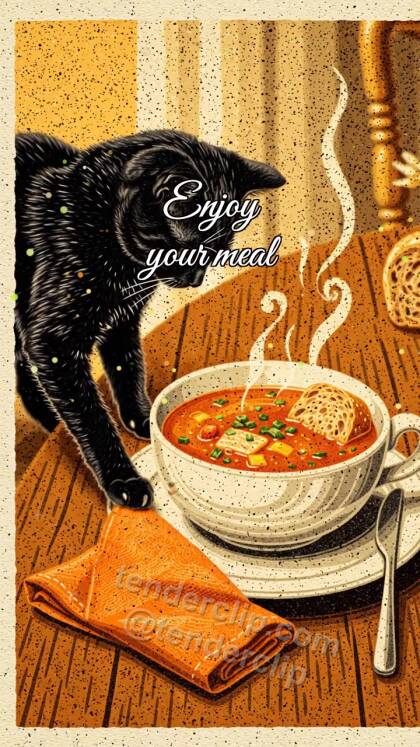 Enjoy your meal: kitten places bread near plate