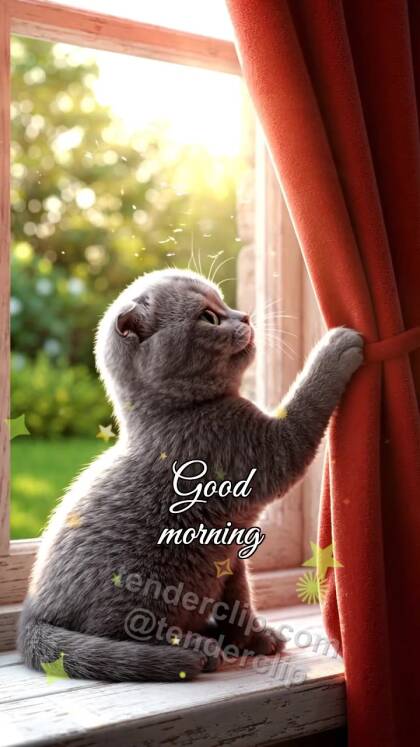 Good morning: kitten opens the curtain