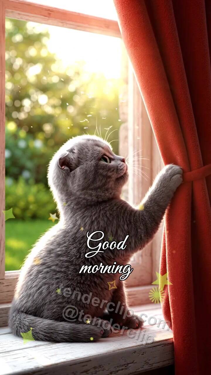 Good morning: kitten opens the curtain