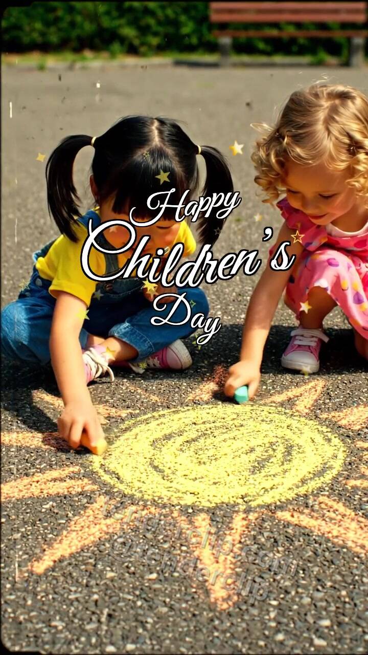 Happy Children’s Day: children draw a sun with chalk