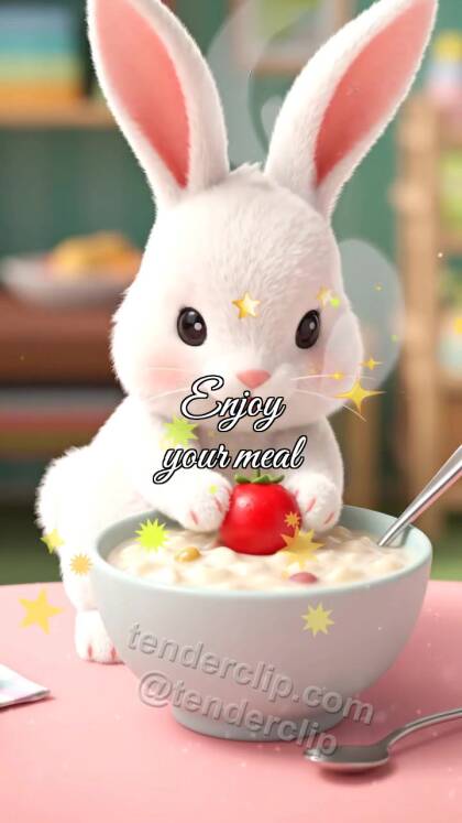Enjoy your meal: bunny brings berry to porridge