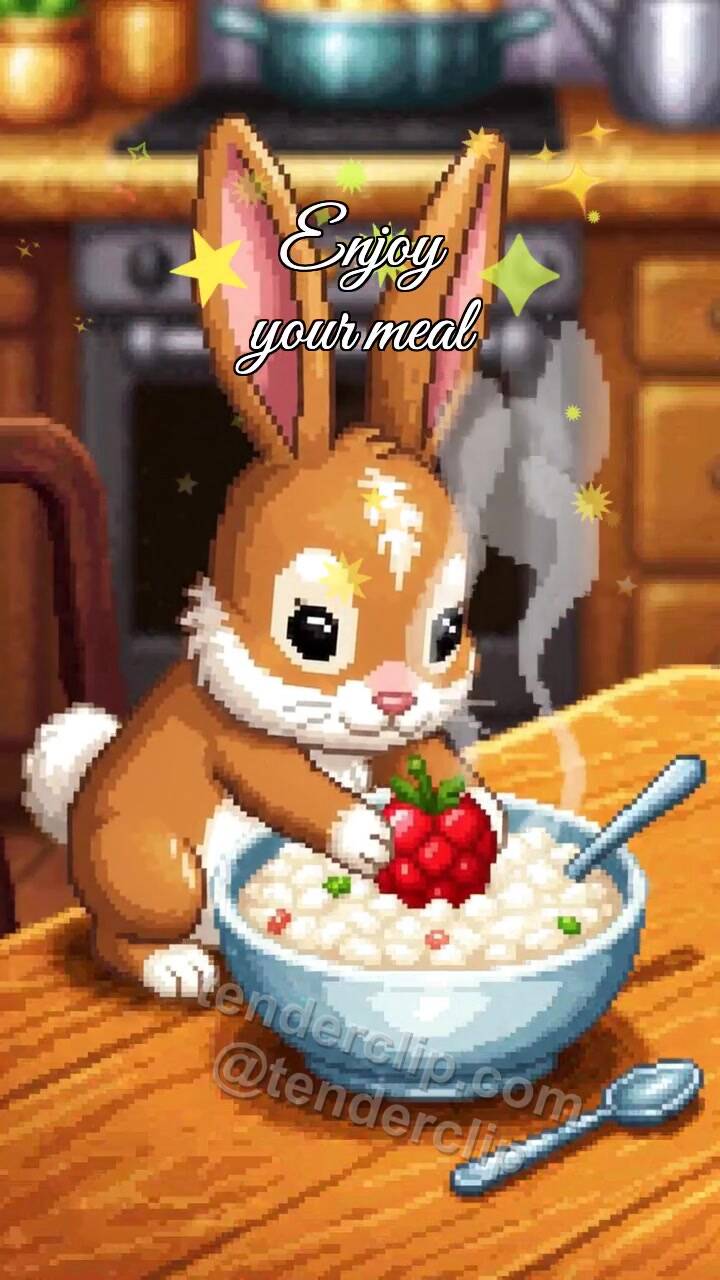 Enjoy your meal: bunny brings berry to porridge