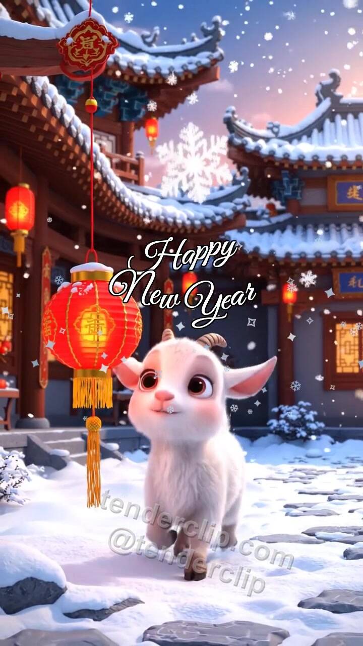 Happy New Year: a tiny baby goat with soft ears catches snow with a lantern