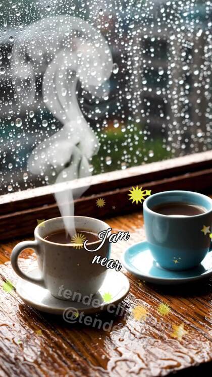 I am near: two cups meet by a rainy window