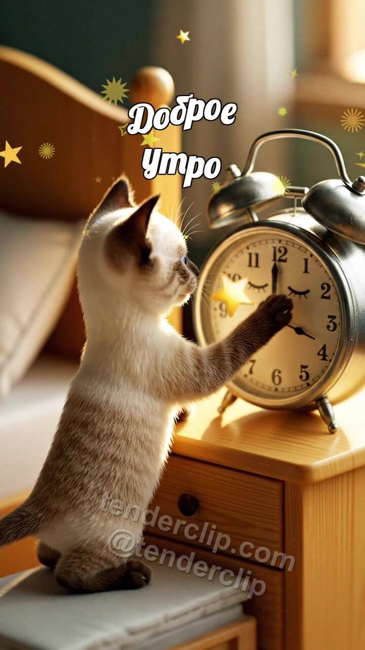 Доброе утро: котёнок будит будильник