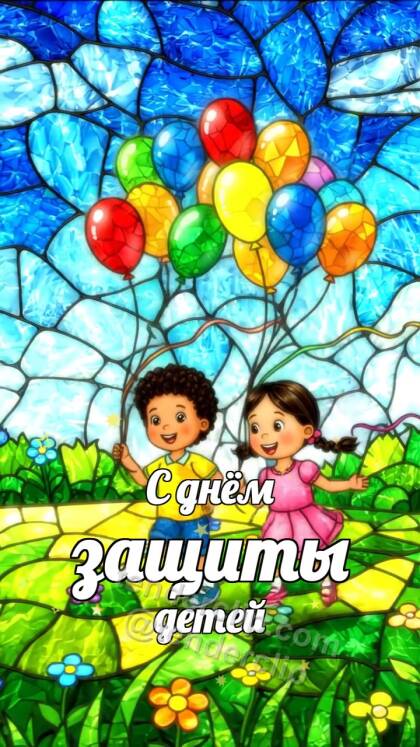 С днём защиты детей: дети бегут с воздушными шарами