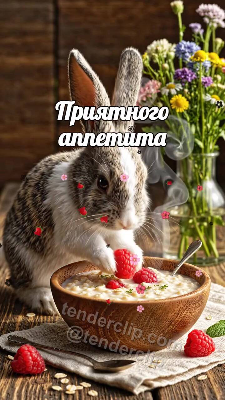 Приятного аппетита: зайчонок приносит ягоду к каше