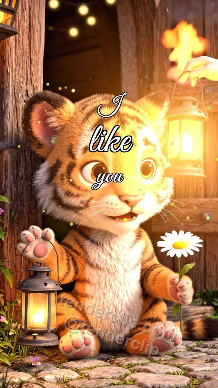 I like you: tiger cub gets shy with a lantern