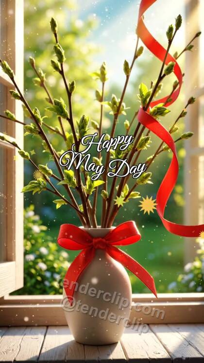 Happy May Day: spring branches open by a window