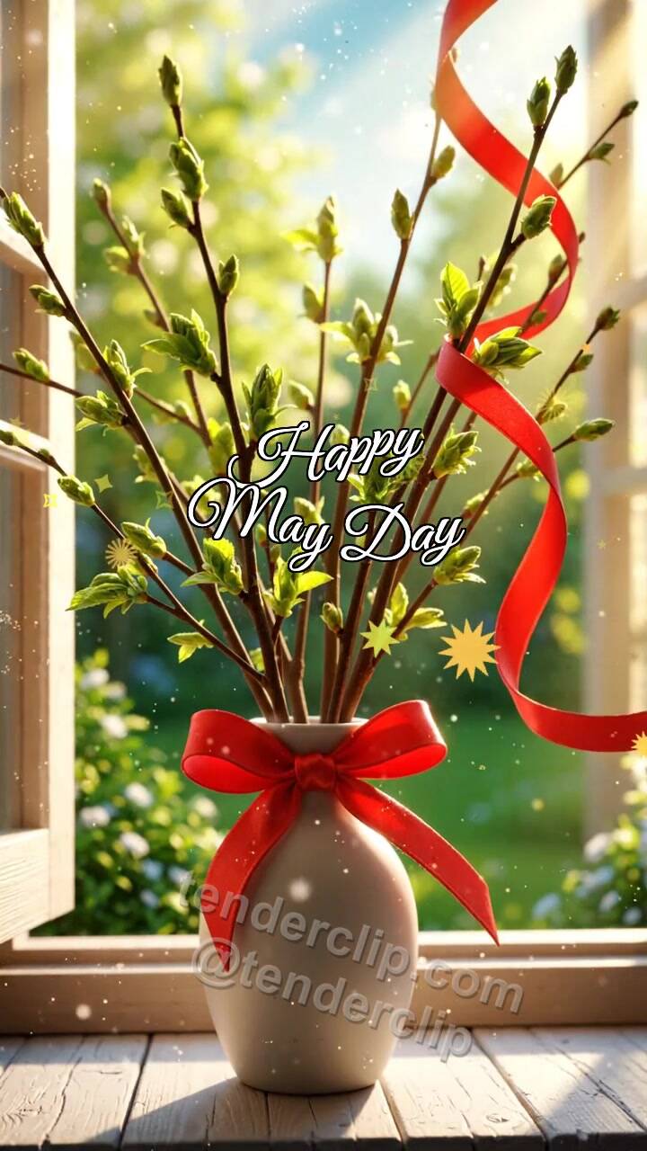 Happy May Day: spring branches open by a window