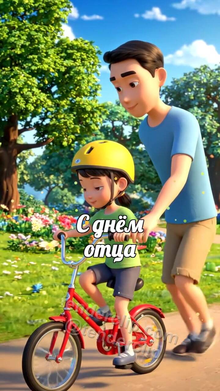 С днём отца: папа поддерживает ребёнка на велосипеде