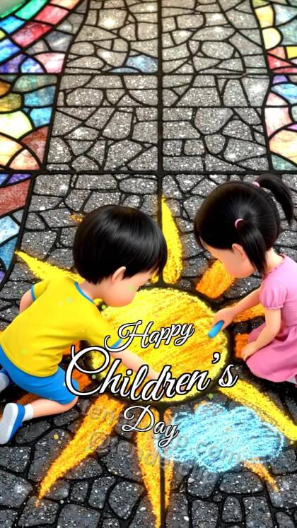 Happy Children’s Day: children draw a sun with chalk