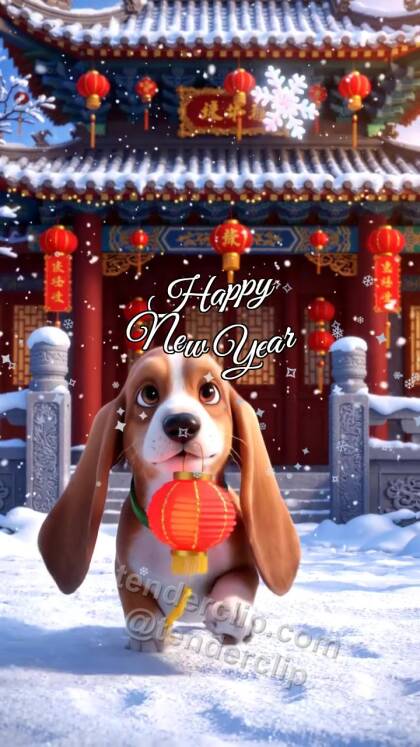 Happy New Year: a joyful puppy with floppy ears catches snow with a lantern