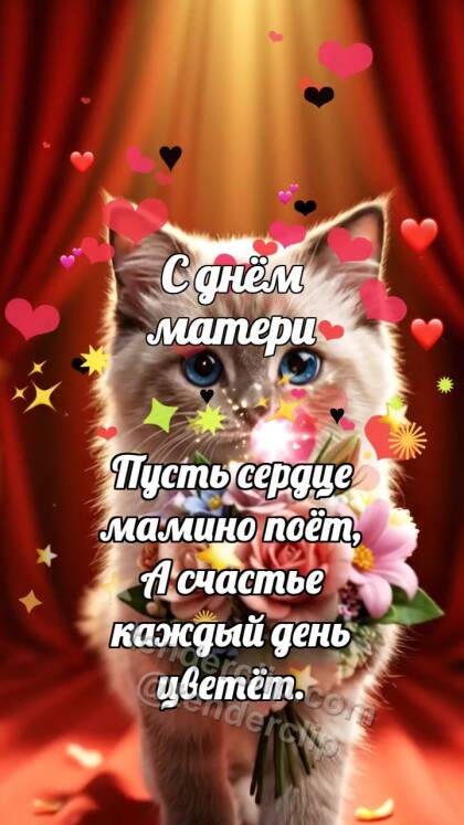 С днём матери: Котёнок несёт цветы маме
