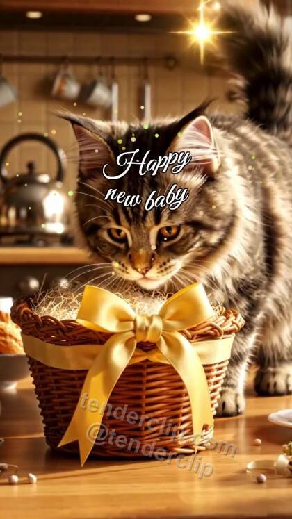 Happy new baby: Kitten By Cradle