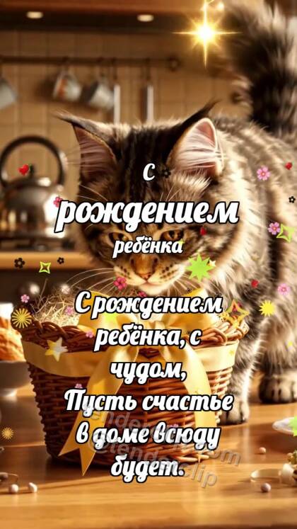 С рождением ребёнка: Котёнок у колыбельки