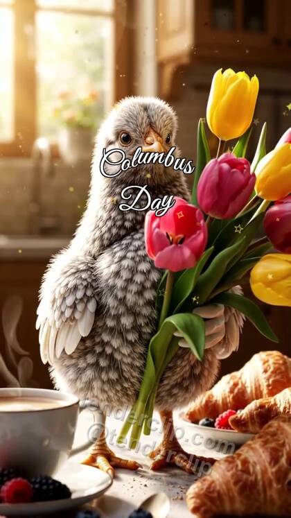 Columbus Day: Chick Holds Bright Bouquet