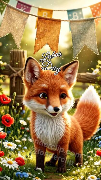 Labor Day: Fox Cub By Spring Flags