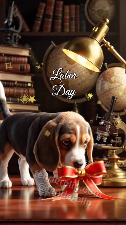 Labor Day: Puppy Holds Bright Ribbon