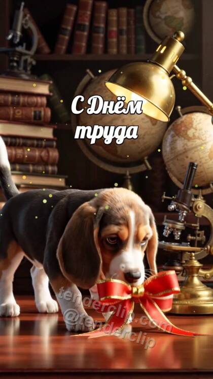 С Днём труда: Щенок держит красную ленту