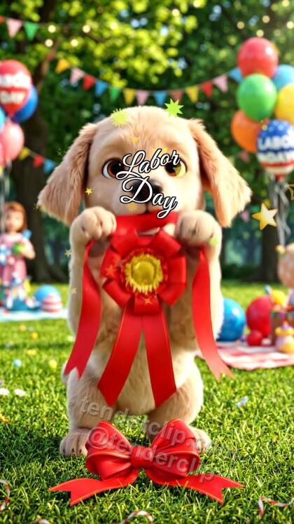 Labor Day: Puppy Holds Bright Ribbon