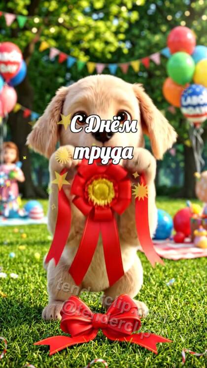 С Днём труда: Щенок держит красную ленту
