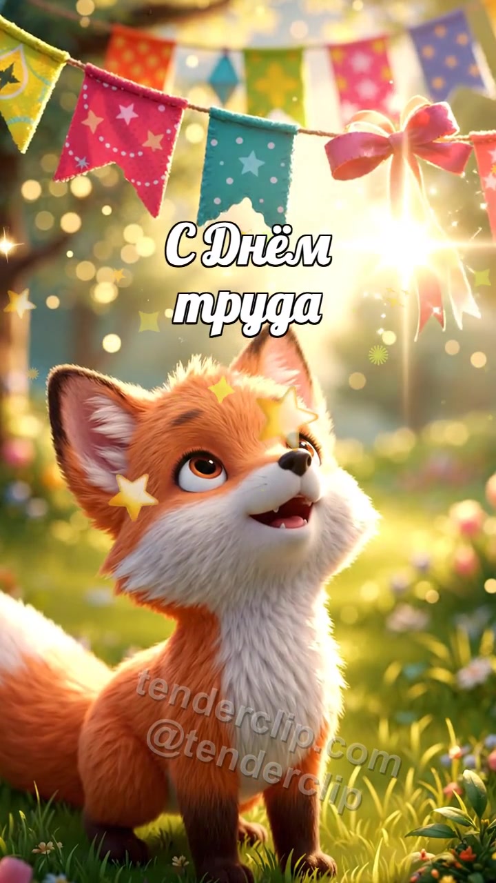 С Днём труда: Лисёнок у весенних флажков