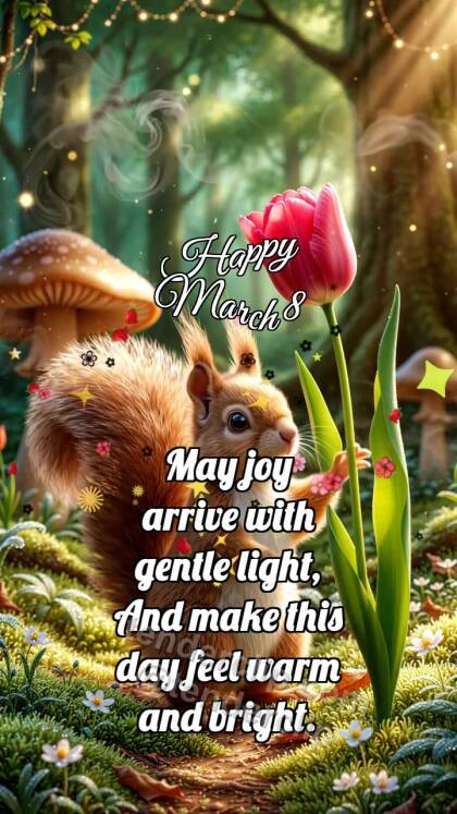 Happy March 8: Squirrel Brings Tulip