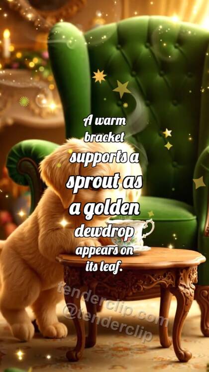 A warm bracket supports a sprout as a golden dewdrop appears on its leaf.: Щенок ставит чашку чая