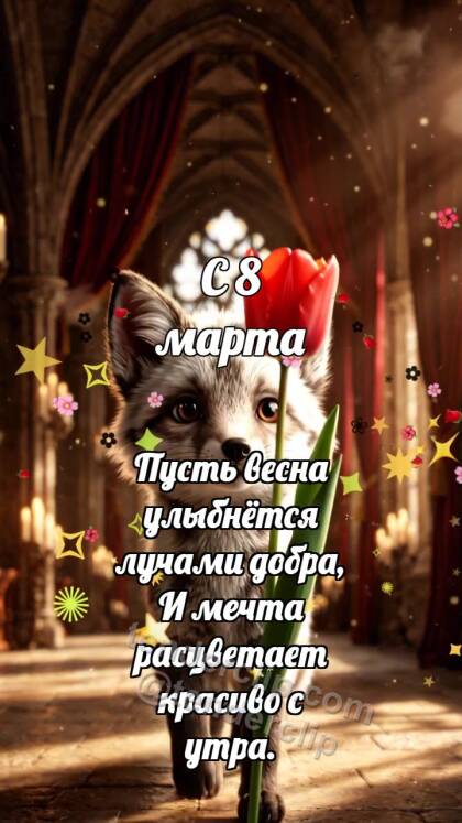 С 8 марта: Лисёнок несёт тюльпан