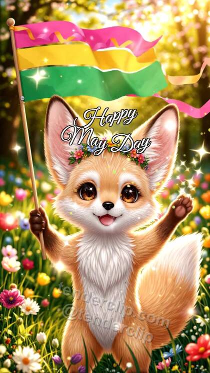 Happy May Day: Fox Cub With Spring Flag