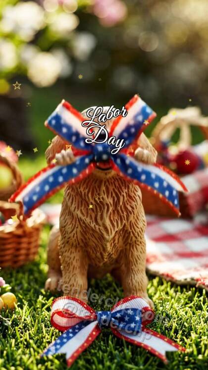 Labor Day: Puppy Holds Bright Ribbon